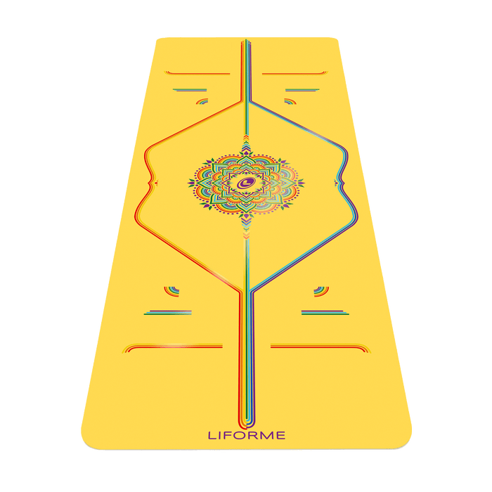 Liforme Rainbow Yoga Mat showing front view, rainbow design with AlignForMe® posture alignment and non-slip eco-friendly surface