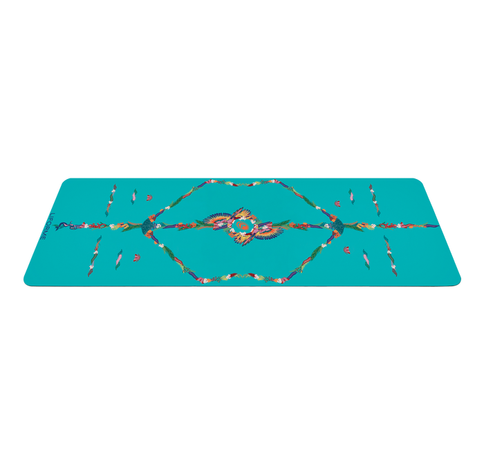 Side view of the alignment design of the Aqua Teal Liforme Yoga mat
