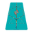 Una vista de arriba hacia abajo del color turquesa. Liforme Tropical Paradise Esterilla de yoga con un sistema de alineación decorado con intrincadas ilustraciones multicolores de pájaros, flores y enredaderas tropicales.
