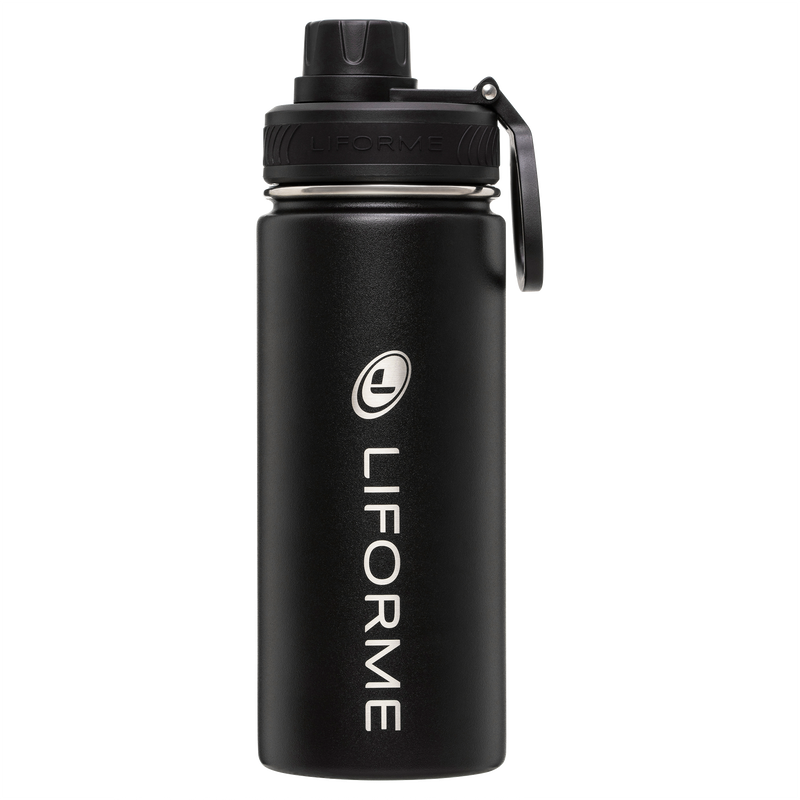 Liforme Black Water Bottle 17oz / 520ml showing front view