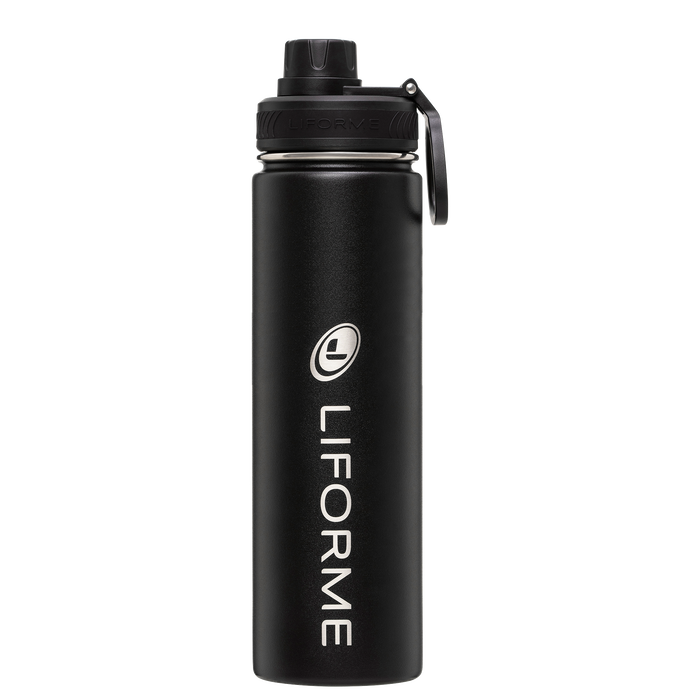 Liforme Black Water Bottle 24oz / 710ml showing front view