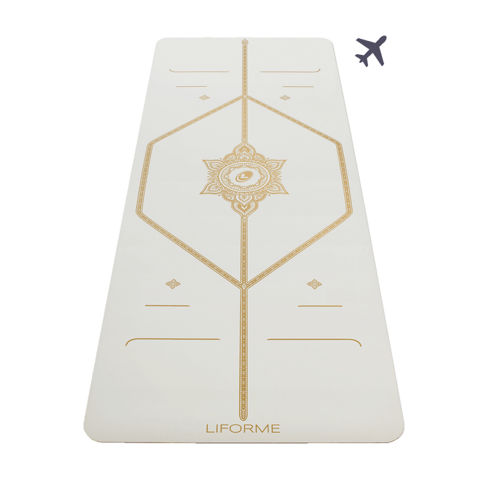 Liforme White Magic Travel Yoga Mat showing front view with AlignForMe® posture alignment and non-slip eco-friendly surface