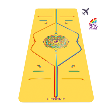 Liforme Rainbow Travel Yoga Mat showing rainbow design with AlignForMe® posture alignment and non-slip eco-friendly surface