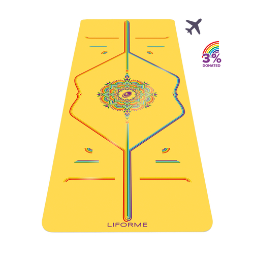 Liforme Rainbow Travel Yoga Mat showing rainbow design with AlignForMe® posture alignment and non-slip eco-friendly surface