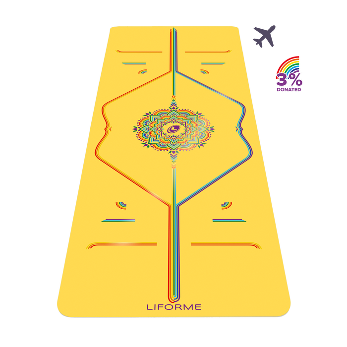 Liforme Rainbow Travel Yoga Mat showing rainbow design with AlignForMe® posture alignment and non-slip eco-friendly surface