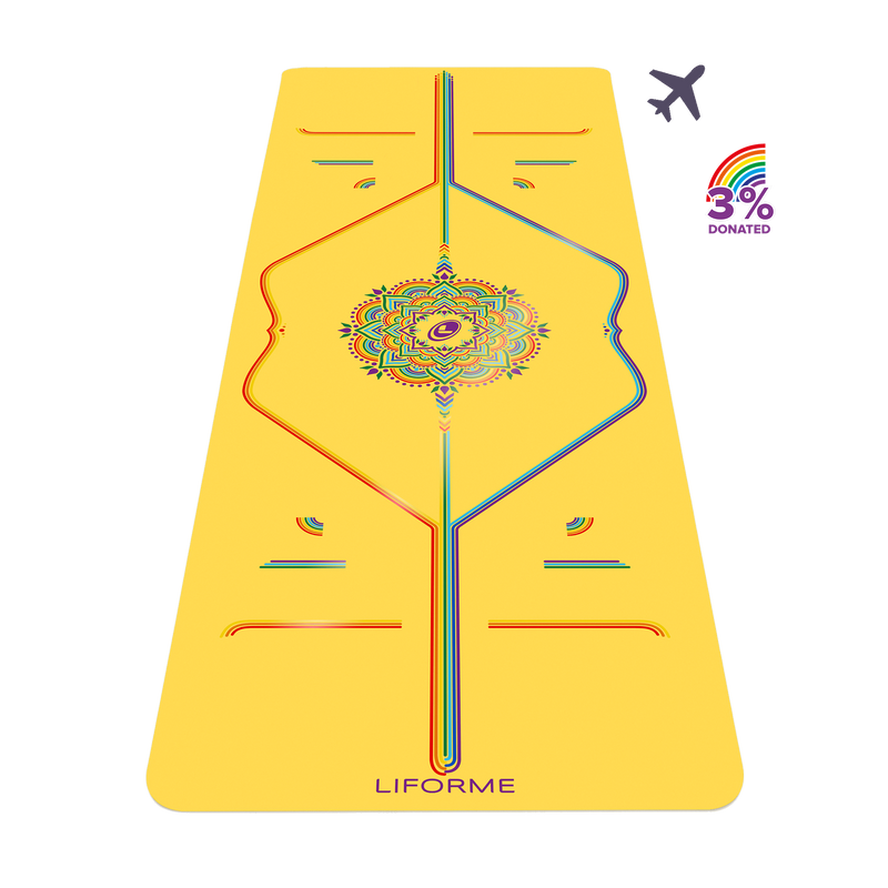 Liforme Rainbow Travel Yoga Mat showing rainbow design with AlignForMe® posture alignment and non-slip eco-friendly surface