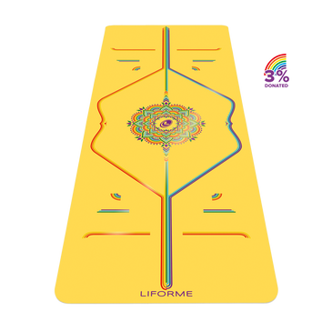 Liforme Rainbow Yoga Mat showing rainbow design with AlignForMe® posture alignment and non-slip eco-friendly surface