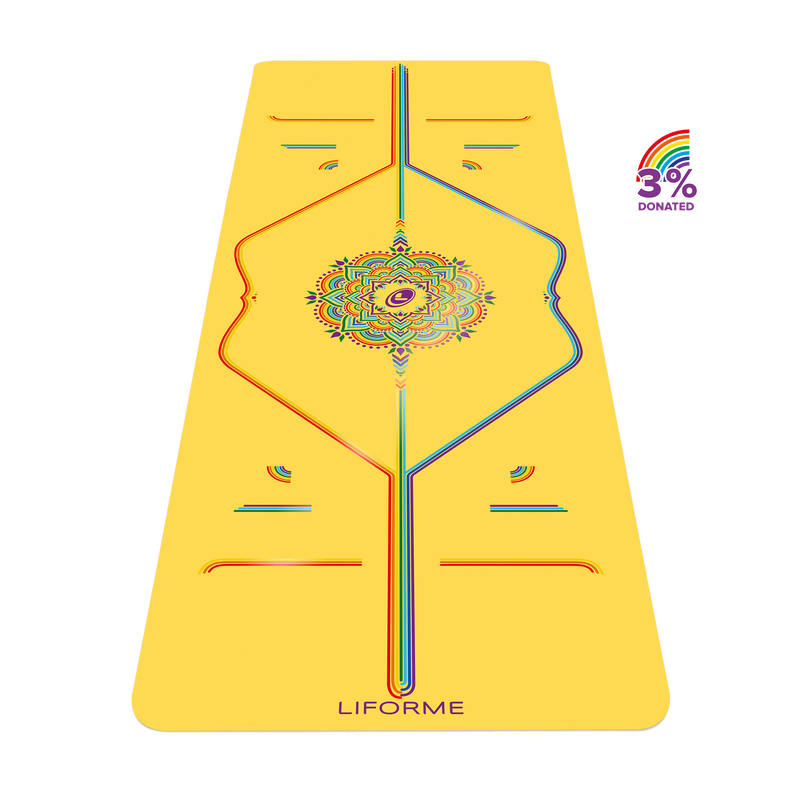 Liforme Rainbow Yoga Mat showing rainbow design with AlignForMe® posture alignment and non-slip eco-friendly surface