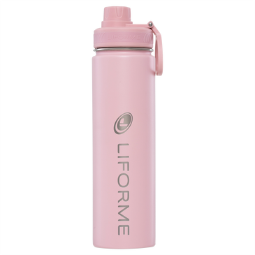 Liforme Water Bottle 24oz / 710ml showing front view, pink colorway with AlignForMe® posture alignment and non-slip eco-friendly surface