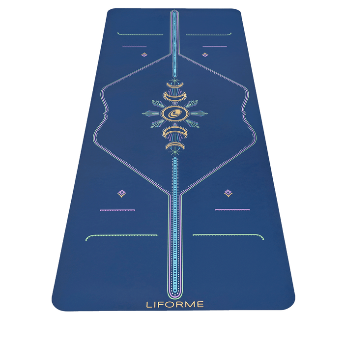 Liforme Cosmic Moon XL yogamat met vooraanzicht, cosmic moon ontwerp mee AlignForMe® houdingsuitlijning en antislip milieuvriendelijk oppervlak