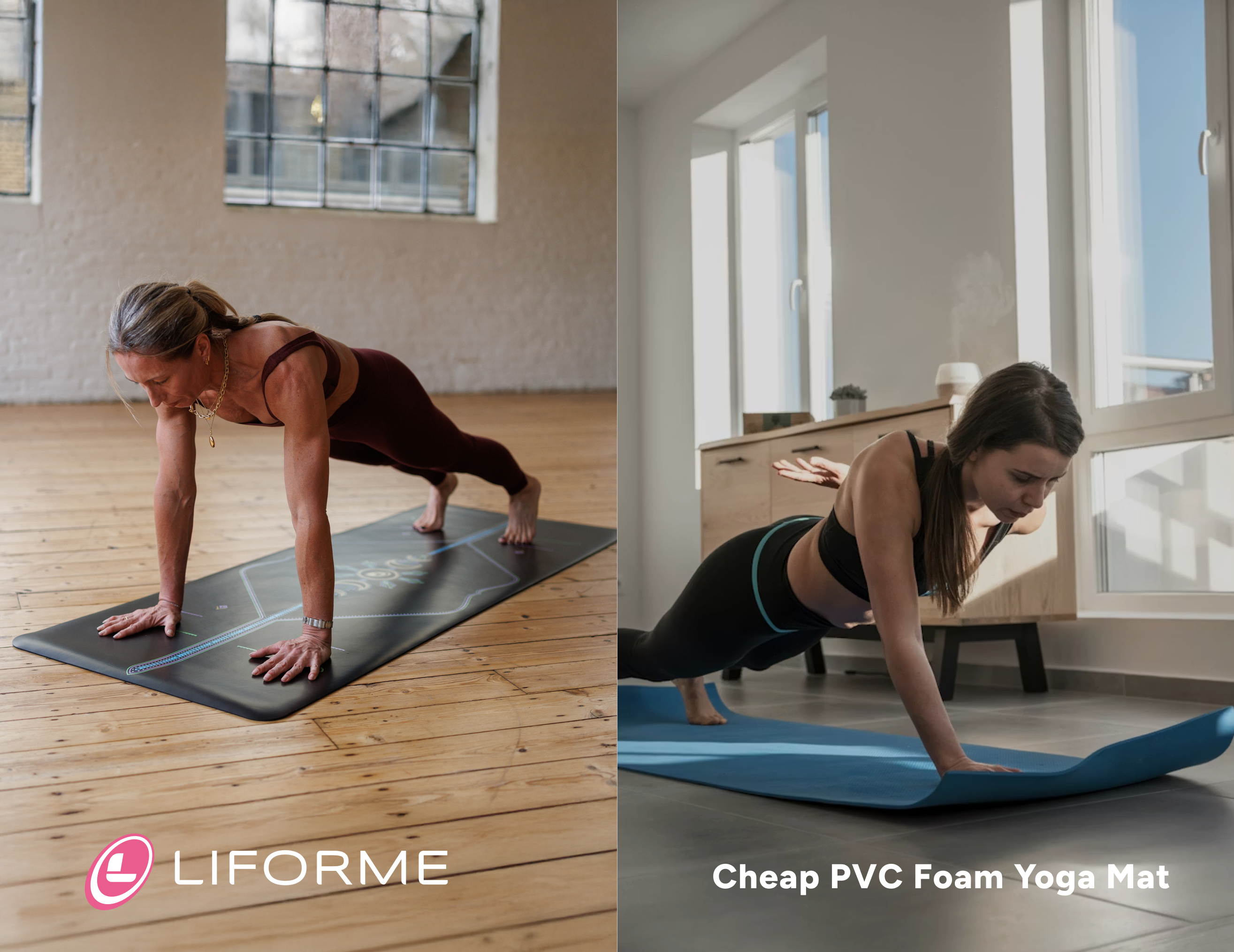 Side-by-side comparison of a Liforme natural rubber yoga mat versus a cheap PVC foam mat. The Liforme mat lies perfectly flat with visible alignment markers, while the cheap foam mat curls at the edges and lacks structural support on a hard floor.