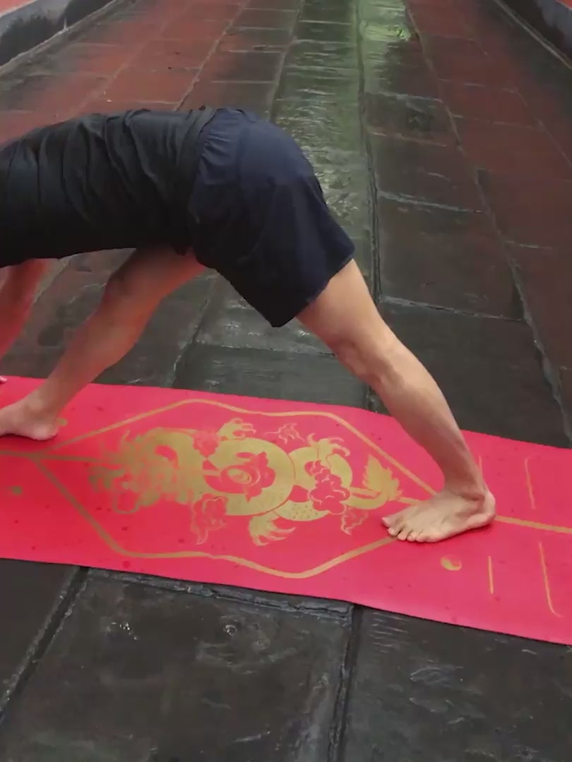 A video of a man practicing yoga pose on a Liforme Dragon Yoga Mat , set outdoors on a stone patio in front of a red wall and green plants.