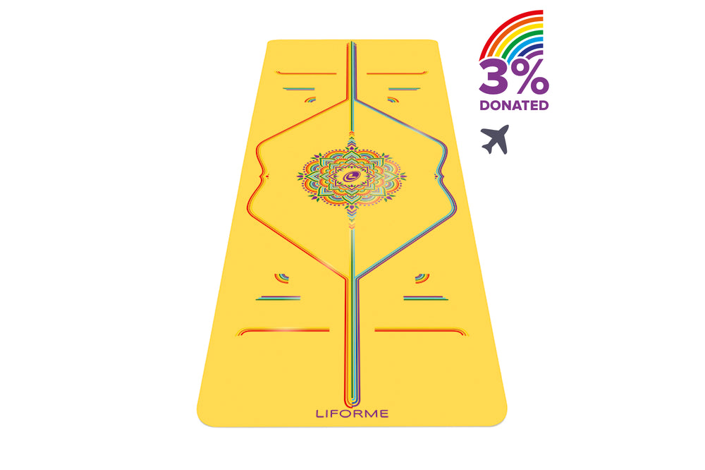 NEW Liforme Yoga Mats! Buy one, get one 50% off 3 Liforme Rainbow Hope Travel Mat - Yellow/Rainbow
